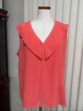 Calvin Klein Coral Ruffle V-Neck sleeveless top with Pearl Buttons stretchy XL